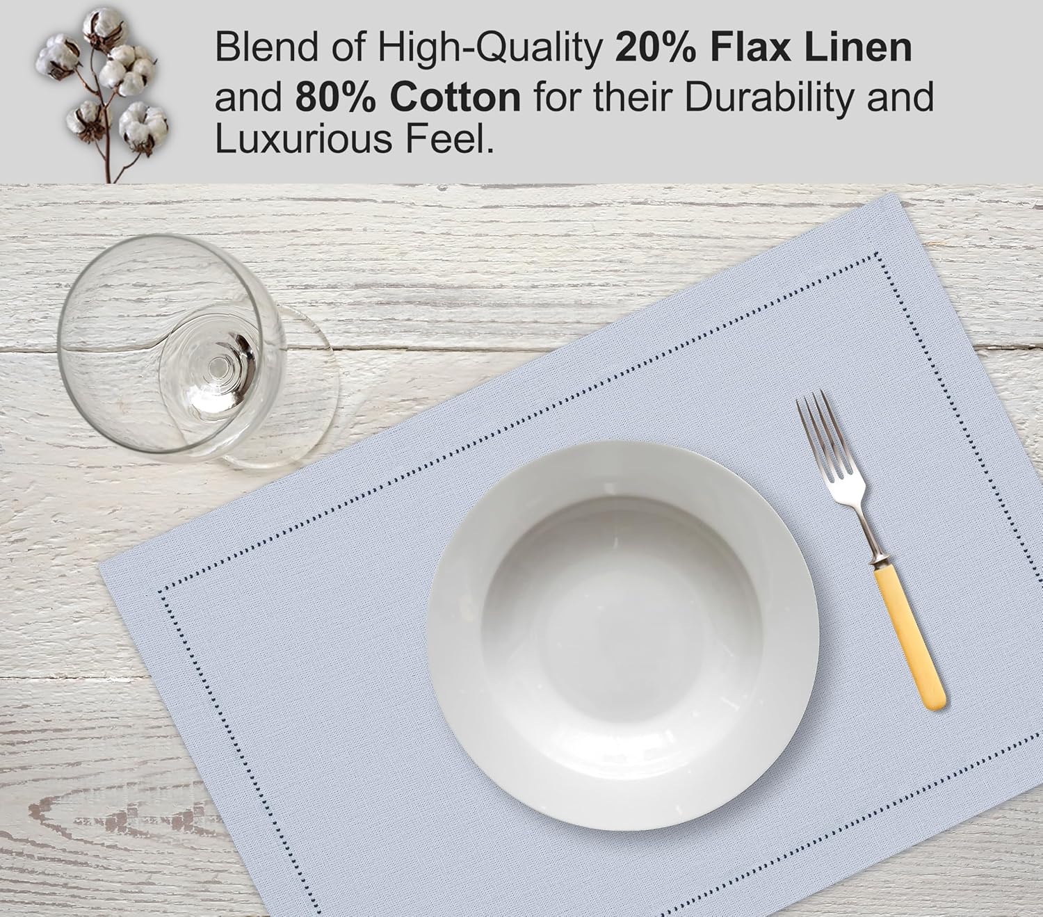 Ruvanti Placemats Set of 6, Linen Cotton Blend Place Mats 13x19 Arctic Ice | Heat, Stain resistant, Washable, Non-Slip