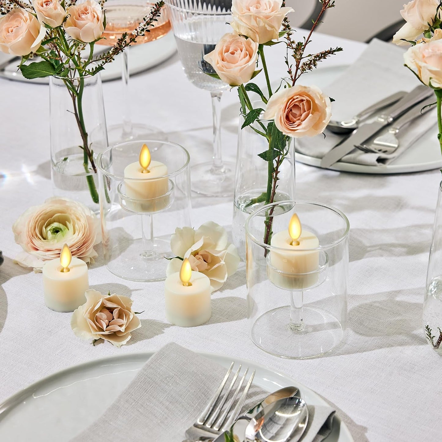 Luminara Flickering Flameless Pearl Ivory Tealights - Warm LED Light Flame Votives - Battery Operated Decor for Dining