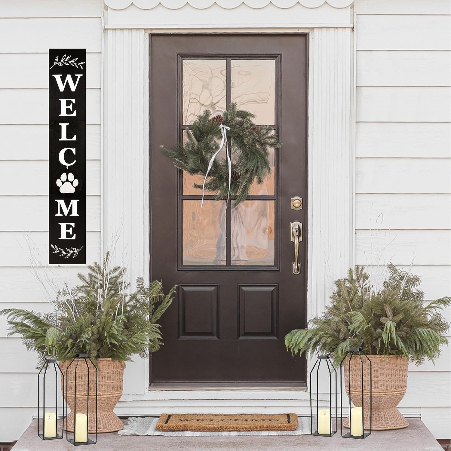 Perfnique Modern Farmhouse Lantern Decor, 19.7'' 22'' Set of 2 Black Metal Lanterns, 2 LED 6hr Timer Flickering