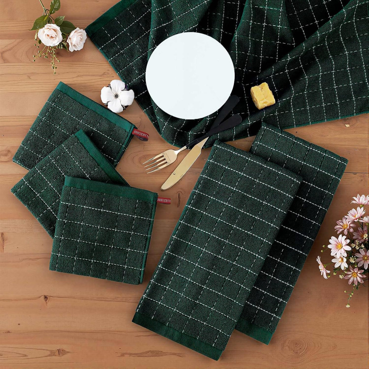 Homaxy Kitchen Towels and Dishcloths Set, Set of 10, Blackish Green | Bulk Cotton Terry Kitchen Towels, Checkered
