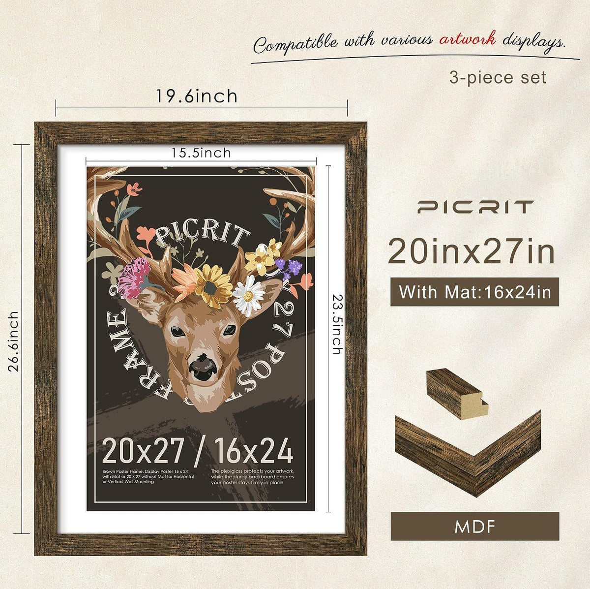 20x27 Rustic Brown Puzzle Frame, Picture Frame for Wall, 3 Pack | Fits 16x24 Posters With Mat or 20x27 Without Mat