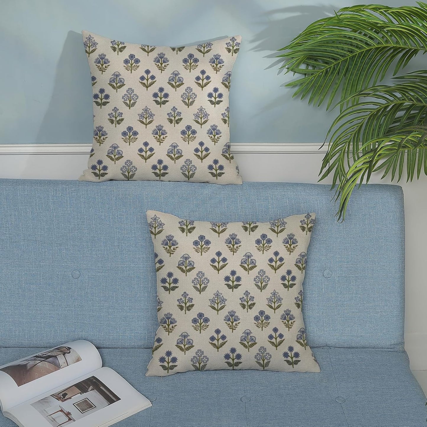 Blue Green Pillow Covers Block Print Vintage / 18 x 18 / Blue Green Block Print Floral / Set of 2