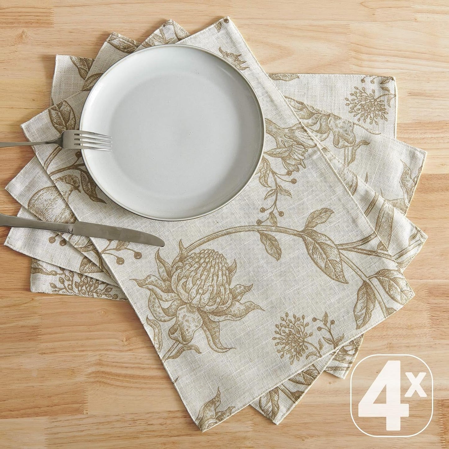 JINCHAN Linen Placemats Set of 4 Farmhouse Botanical Print 13x19 Inch Tan | Fabric Placemats, Cottage Style, Botanical