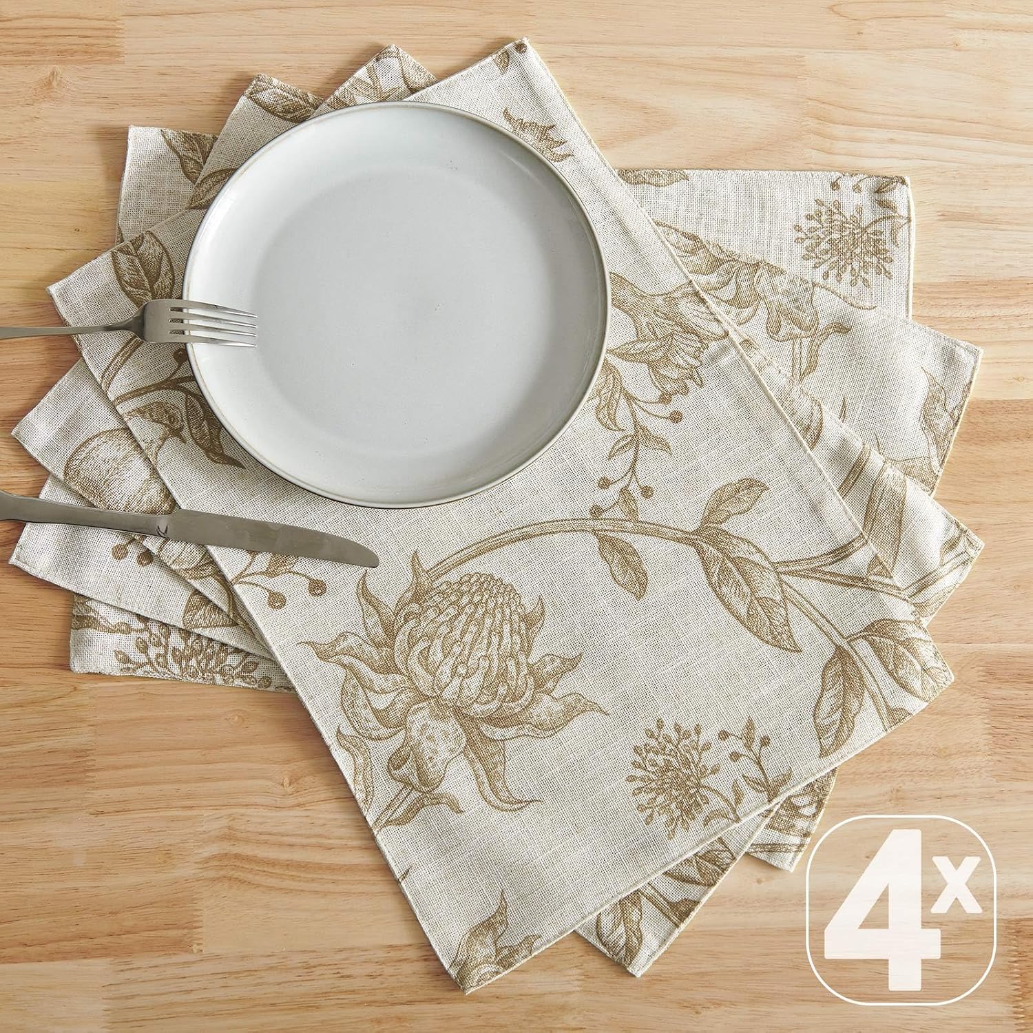 JINCHAN Linen Placemats Set of 4 Farmhouse Botanical Print 13x19 Inch Tan | Fabric Placemats, Cottage Style, Botanical