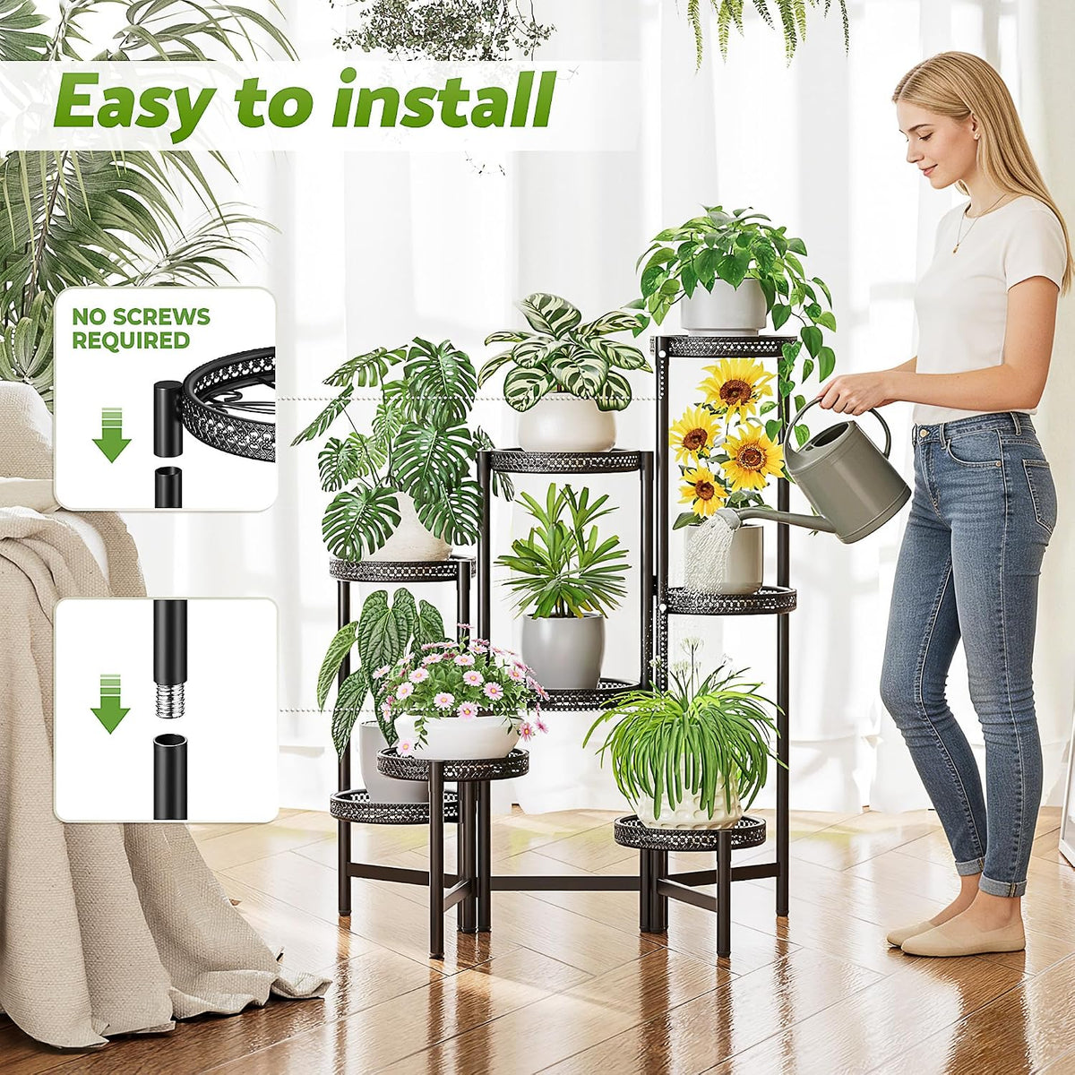 Black Stand Plants, 8-Tier Metal Plant Stands for Outdoor Indoor Plants,Heavy Duty Flower Pot Stands for Multiple