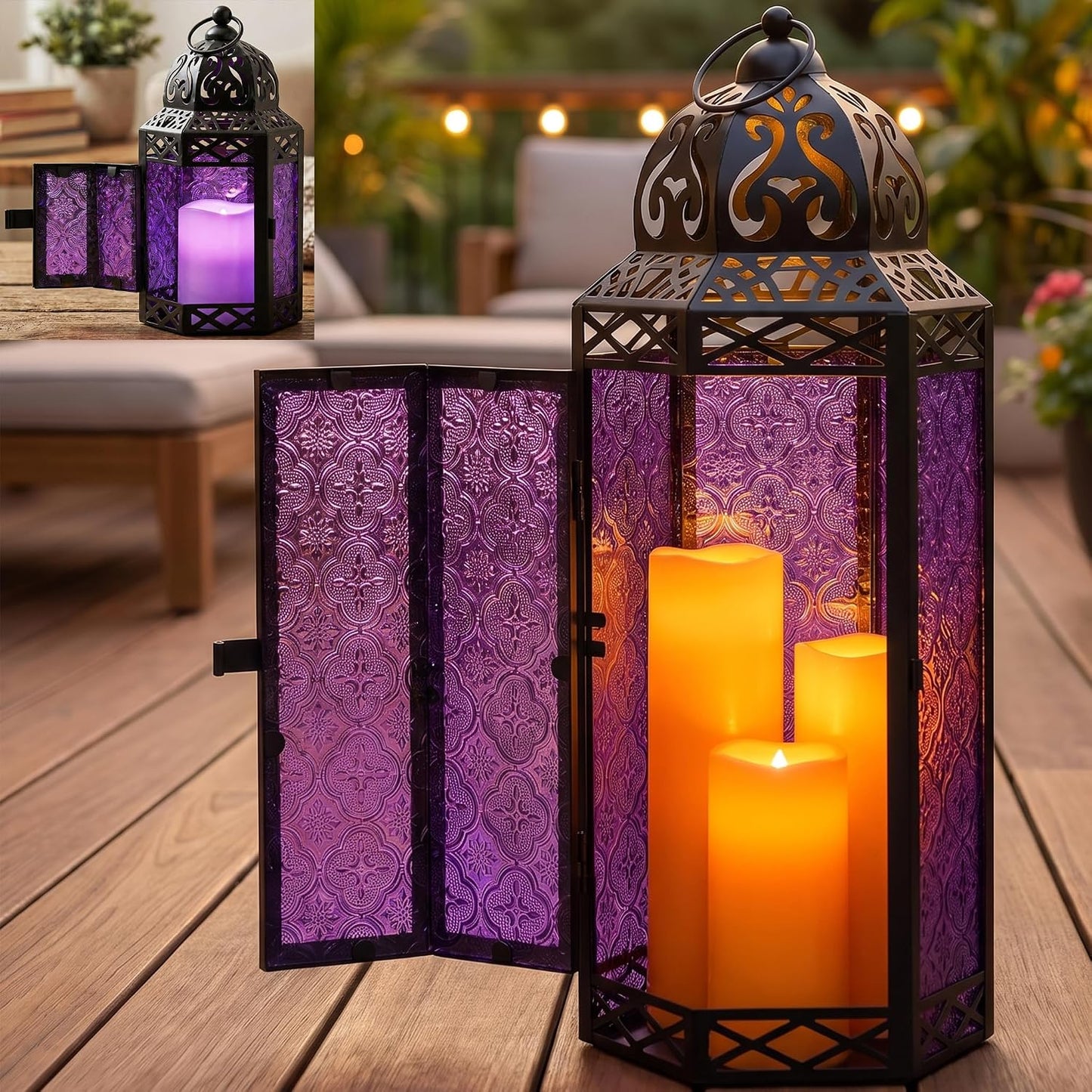 VELA LANTERNS Set of 3 Purple Glass & Black Metal Moroccan Candle Lantern Holders (XL, Large, Small) - Decorative