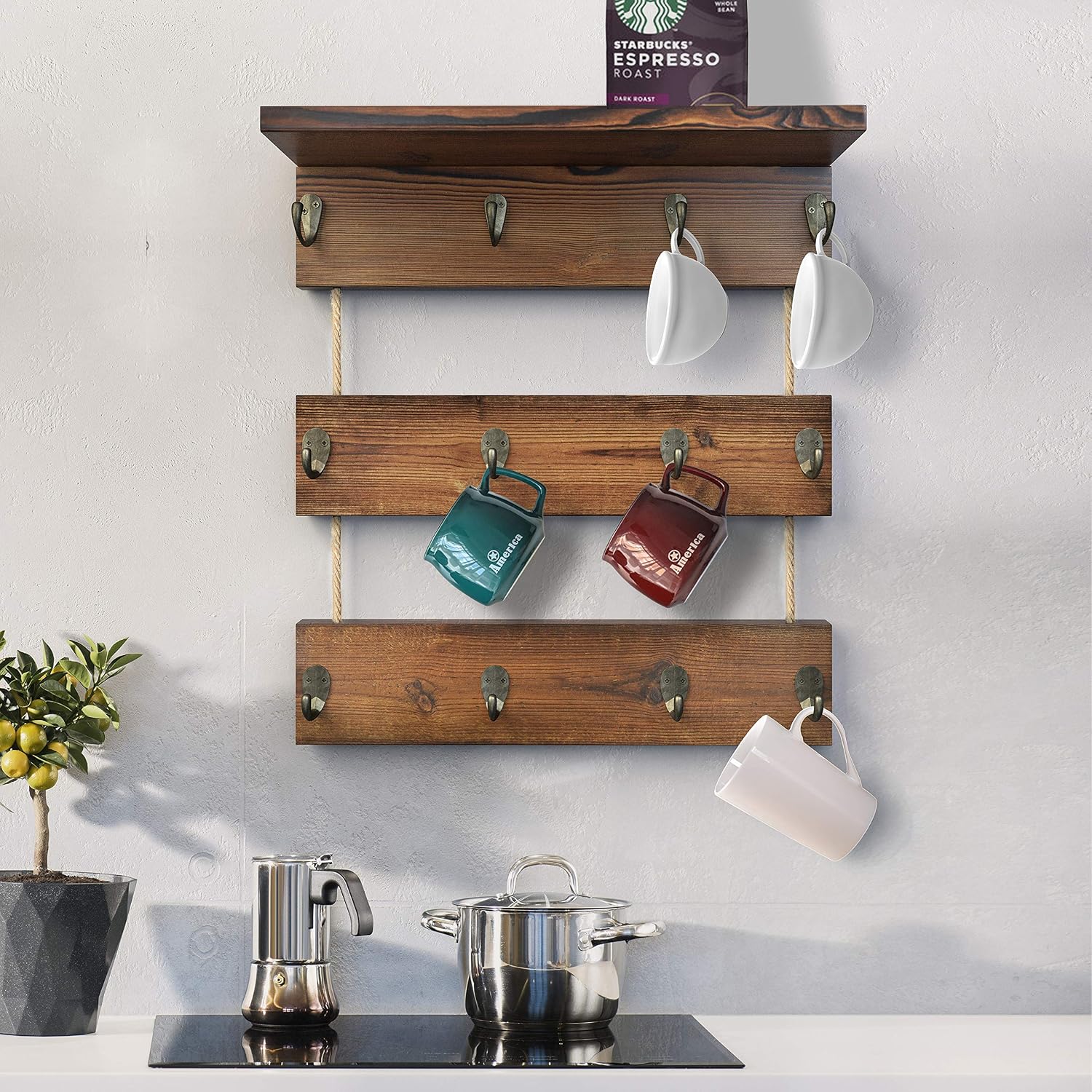 12 Hooks Coffee Cup Holder Solid Wood Mug Rack with Shelf Coffee Bar Mug Display Rustic Kitchen Storage Rack for