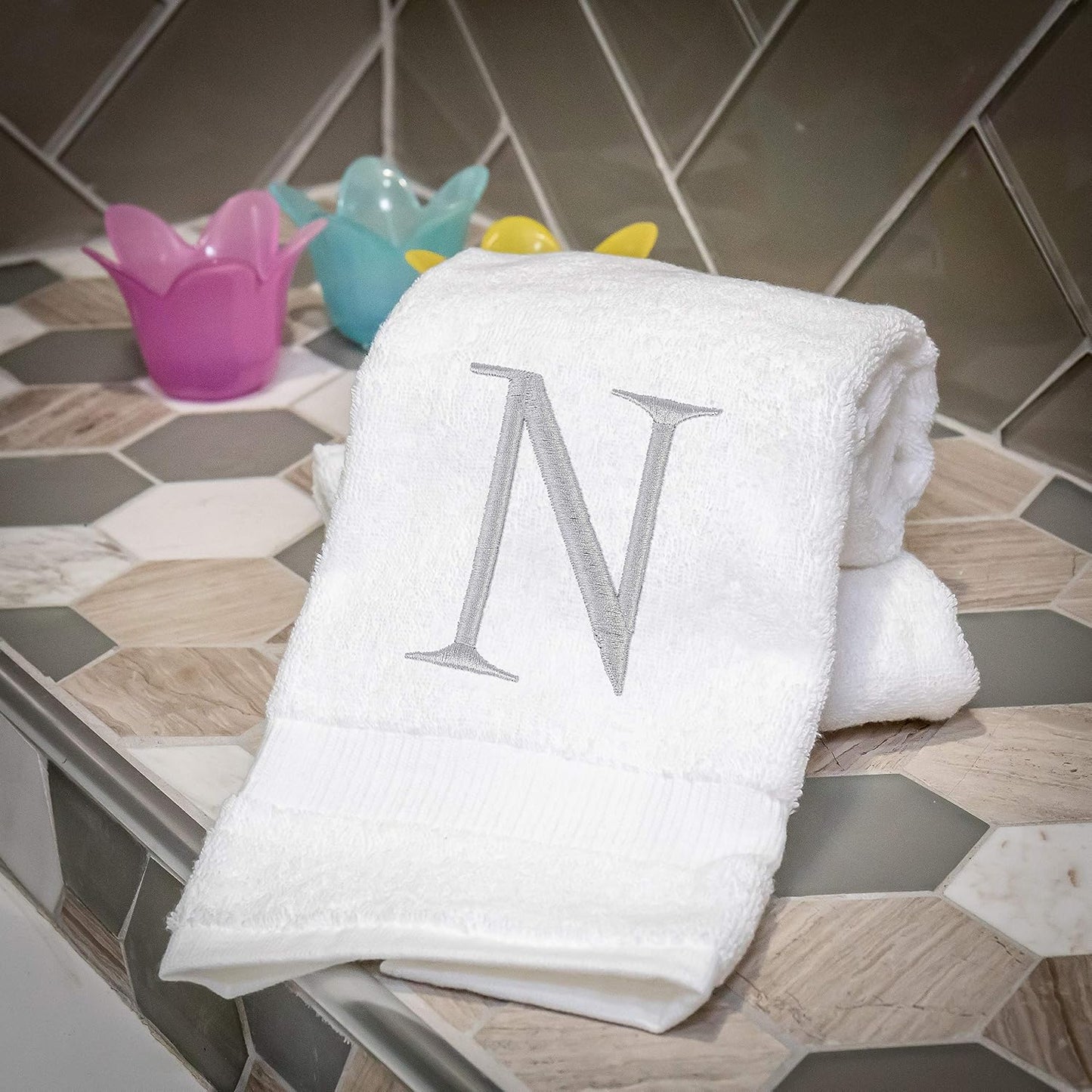 White with Silver Monogrammed Hand Towels for Bathroom - Set of 2 Letter N | Luxury Hotel Quality Initial Towels For