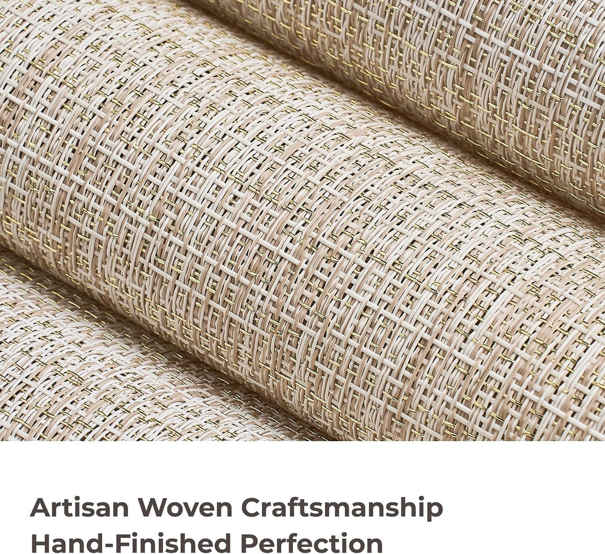 Leetaltree Woven Vinyl Placemats Set of 8,Beige and Gold | High Density，Stain Resistant, Easy to Clean, Washable Table