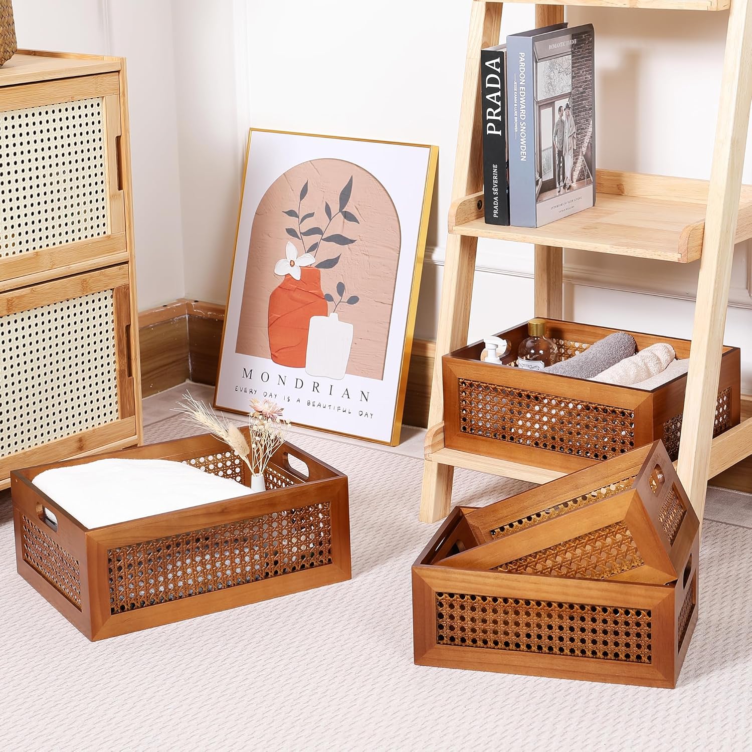 Frame & Handles Decorative Natural Bamboo Woven / Brown / 4 Set - Multiple Sizes / Set of 4
