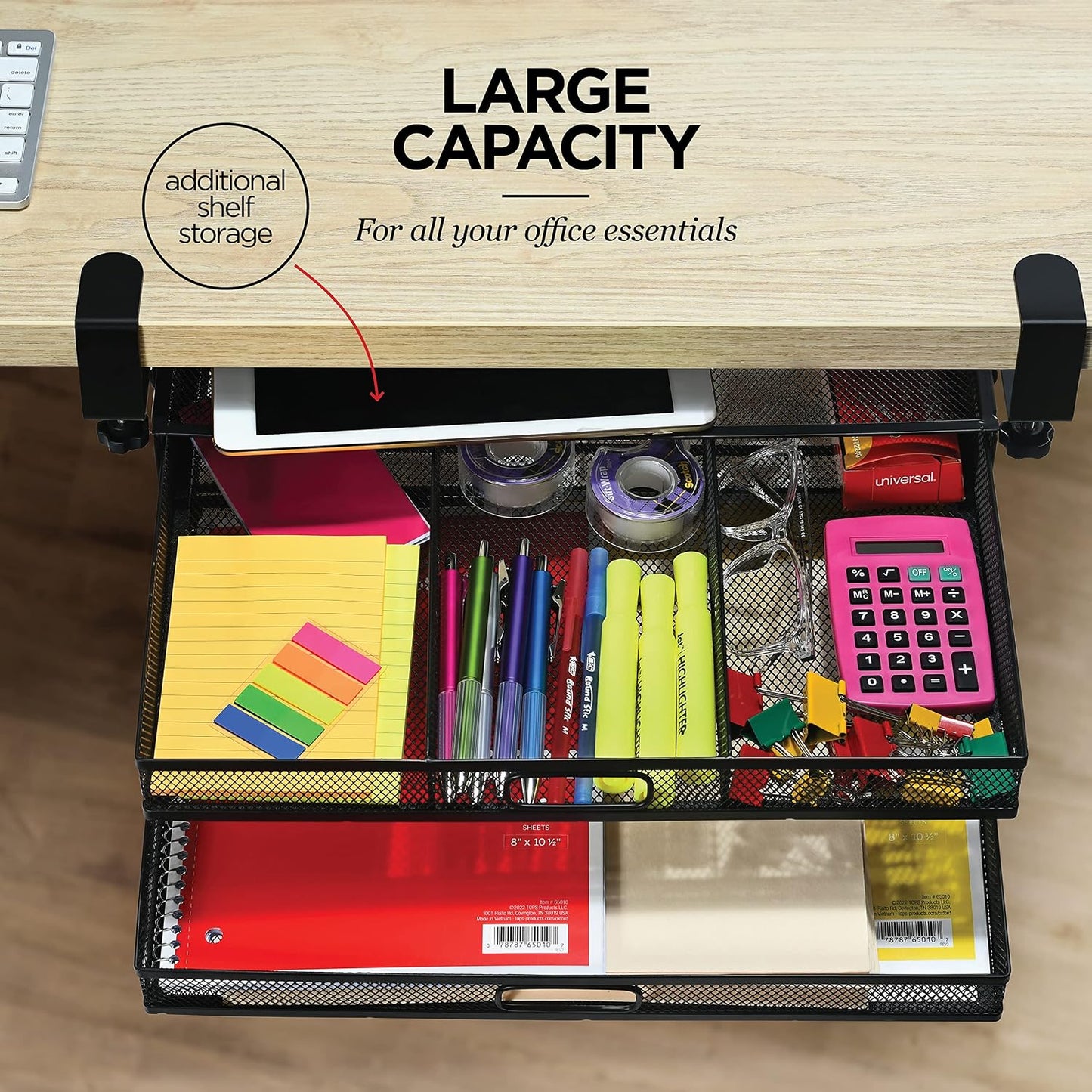 Homeify Under Desk Drawer Organizer Clamp-On, Mesh Metal Drawer Attachment, 2 Drawer Slide Out, On Or Under Desk