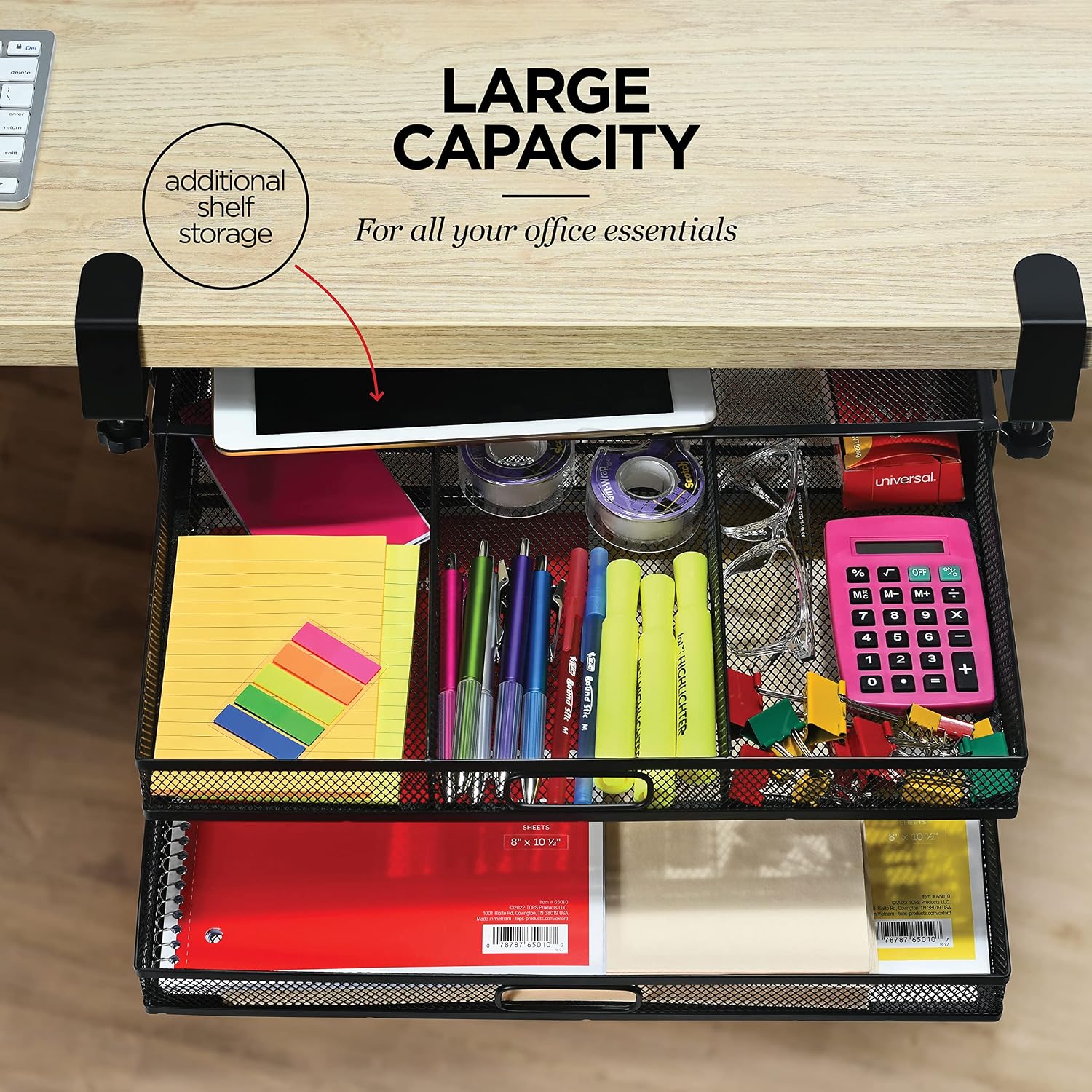 Homeify Under Desk Drawer Organizer Clamp-On, Mesh Metal Drawer Attachment, 2 Drawer Slide Out, On Or Under Desk