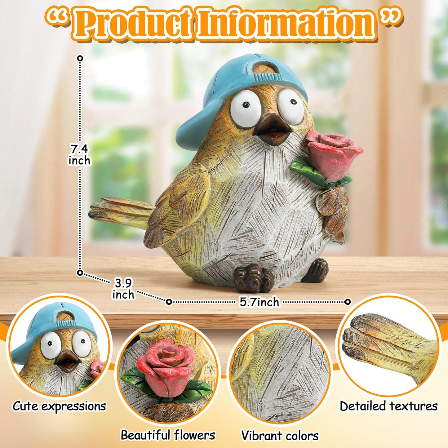 Garden Bird Statue for Decorations Outdoor Animal Figurines Little Bird Holding Flowers Sculpture
