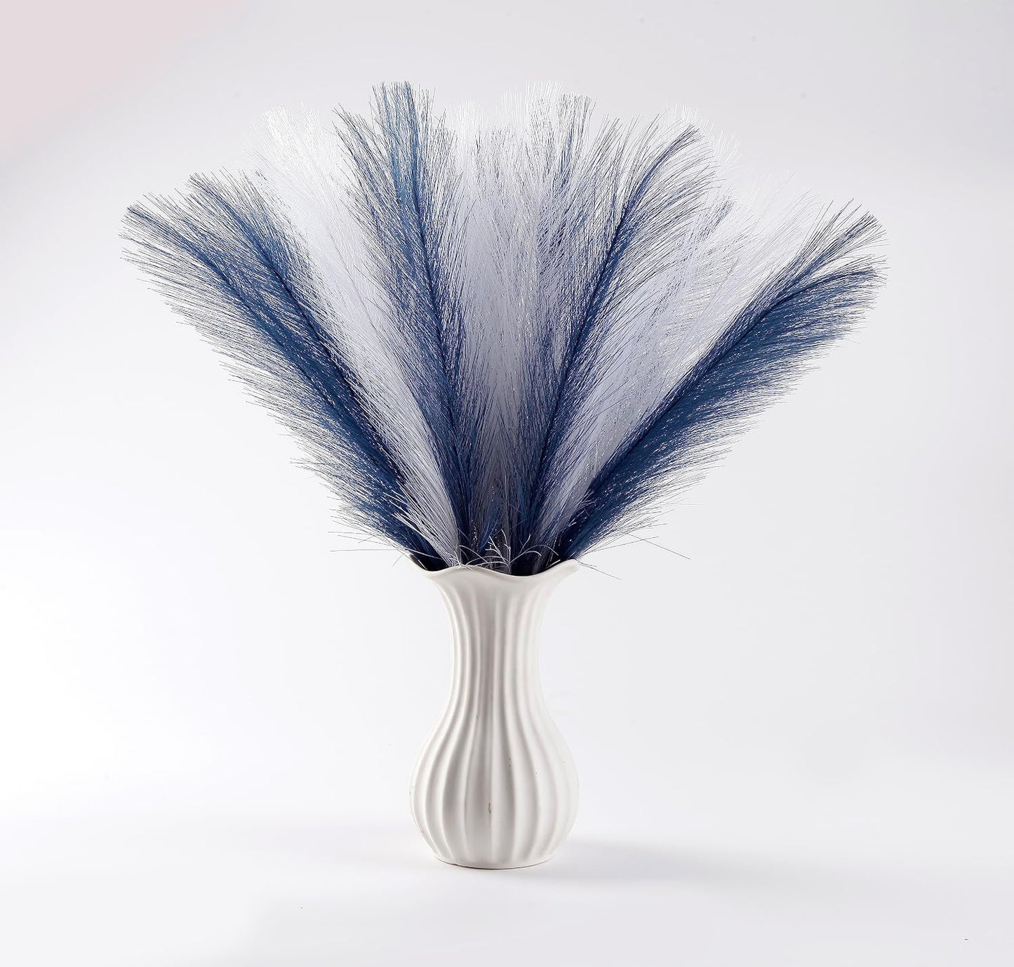 Pompas Grass Flower Arrangement and Vase / 17'' Tall / Navy Blue& White / Set of 30