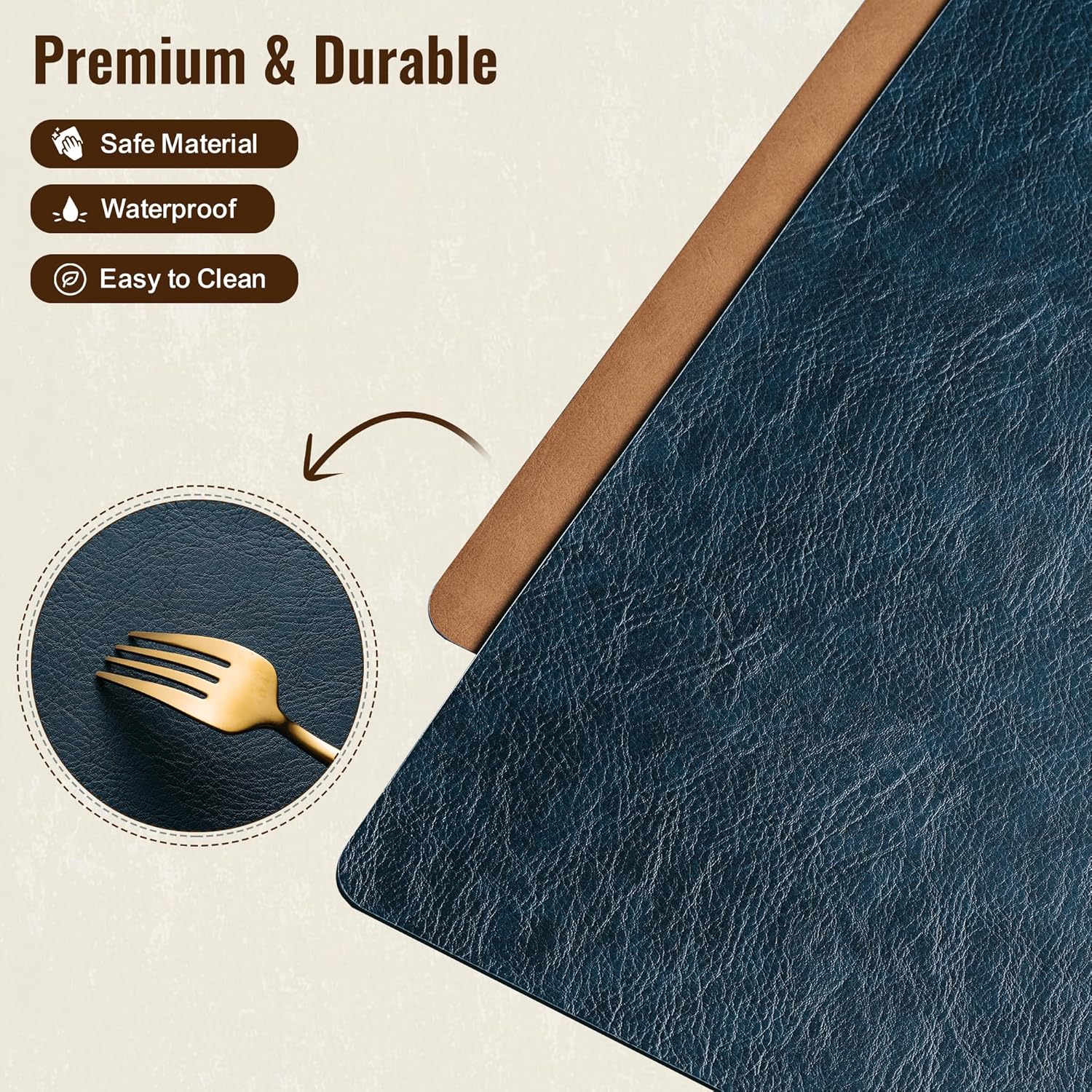 DOLOPL Placemats Set of 6, Reversible Dual-Color Faux Leather Place Mats | Camel & Navy Blue, Wipeable & Washable, Heat