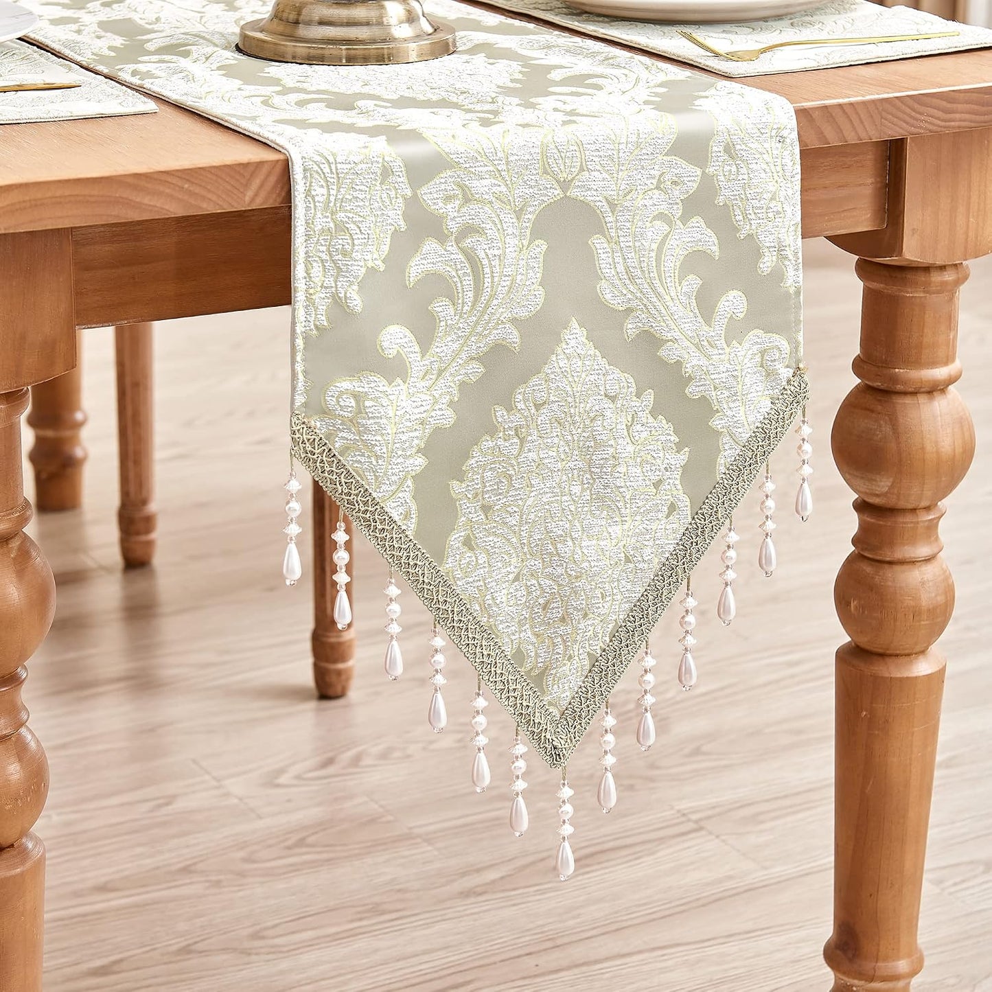 Loom and Mill Luxury Jacquard Damask Table Runner 13x72 inch, Beige | Elegant Fabric Dining Table Runners with