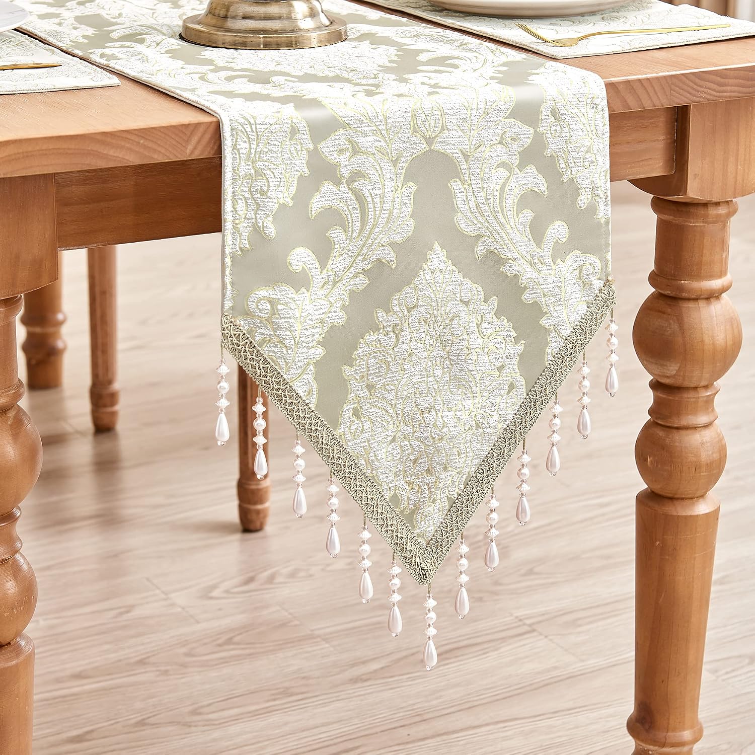 Loom and Mill Luxury Jacquard Damask Table Runner 13x72 inch, Beige | Elegant Fabric Dining Table Runners with