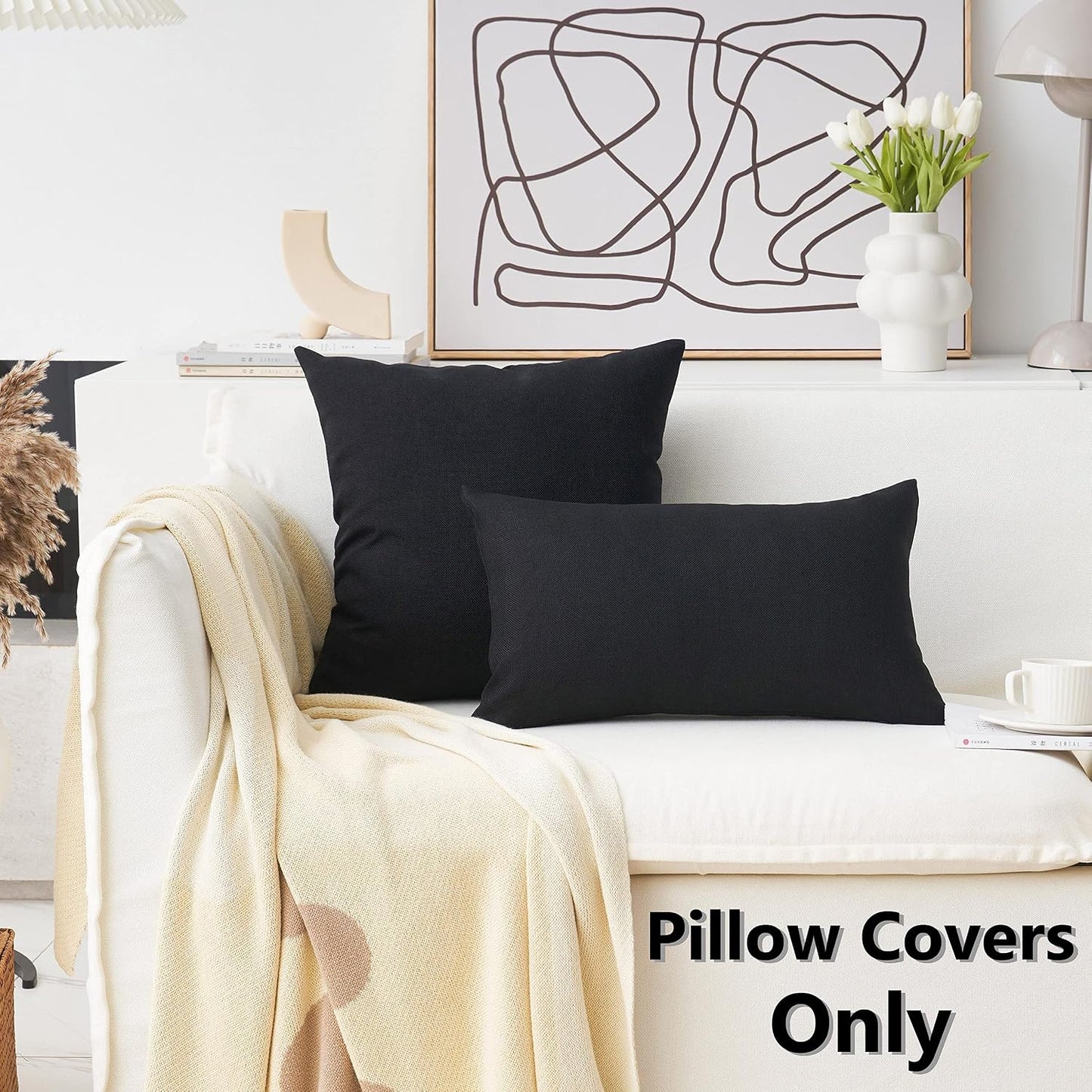 Pillows Covers Lined Linen Throw Pillow Covers for Bed Couch Sofa / 18 x 18 / Black / Set of 2