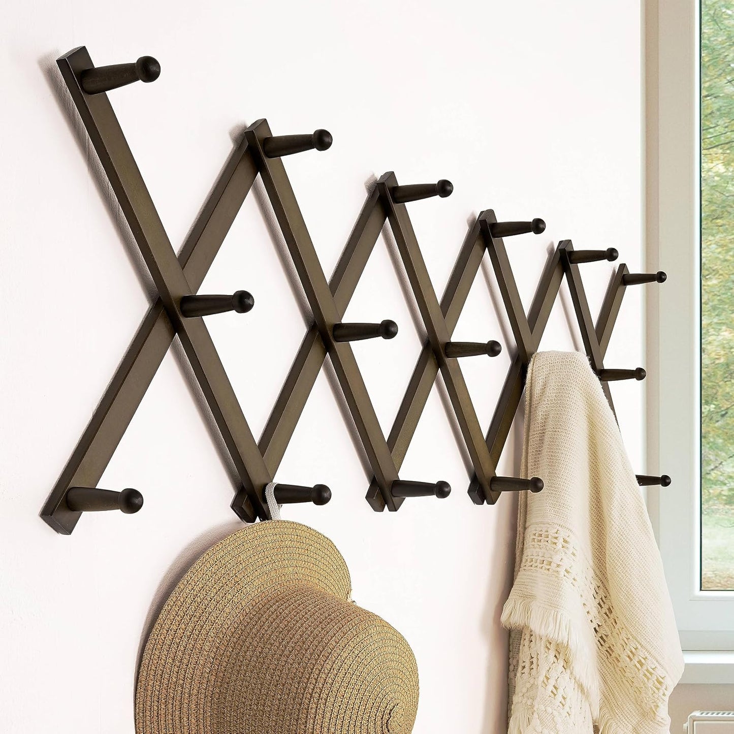 Accordion Wall Hanger: 16'' High Wooden Wall Expandable Coat Rack,Hat Rack Holder,Accordion Hook for Baseball