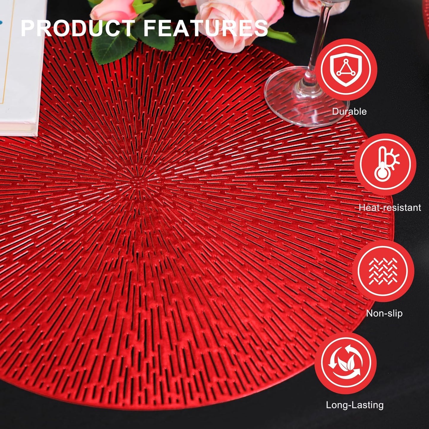 Snowkingdom Red Placemats Set of 6, Round Vinyl Metallic Hollow 15 Inch Place mats, Washable Wipeable Non Slip Stain