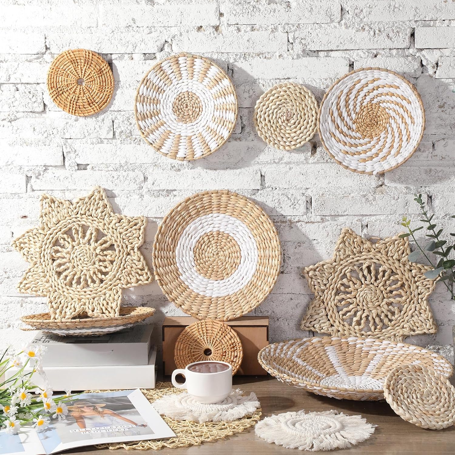 Boho Wall Basket Decor Woven Rattan Seagrass Wall Decor Hanging / Grey White Style / Set of 15