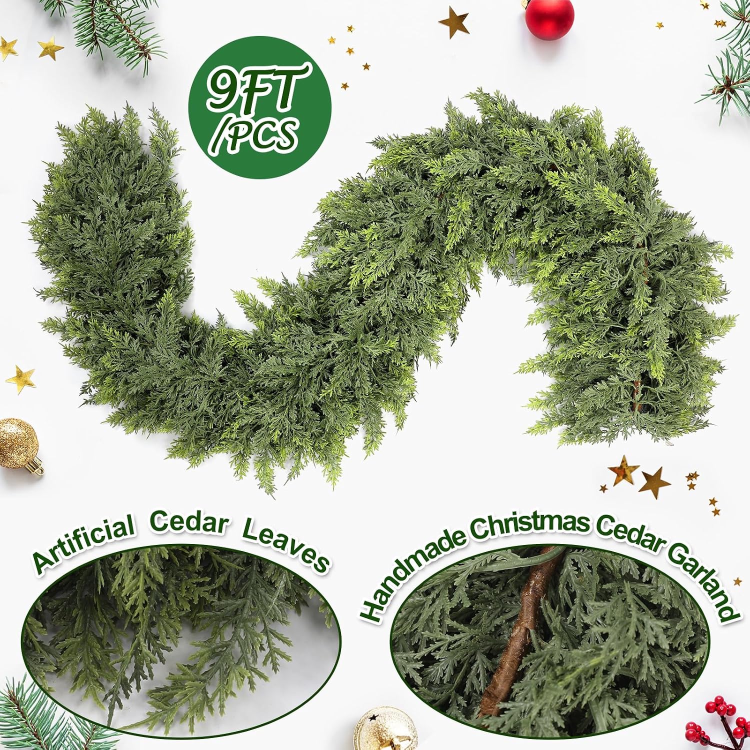 1 Pcs 8.4ft Christmas Artificial Cedar Garland Realistic Soft and Thickness Green Full Faux Cedar Pine Garland for