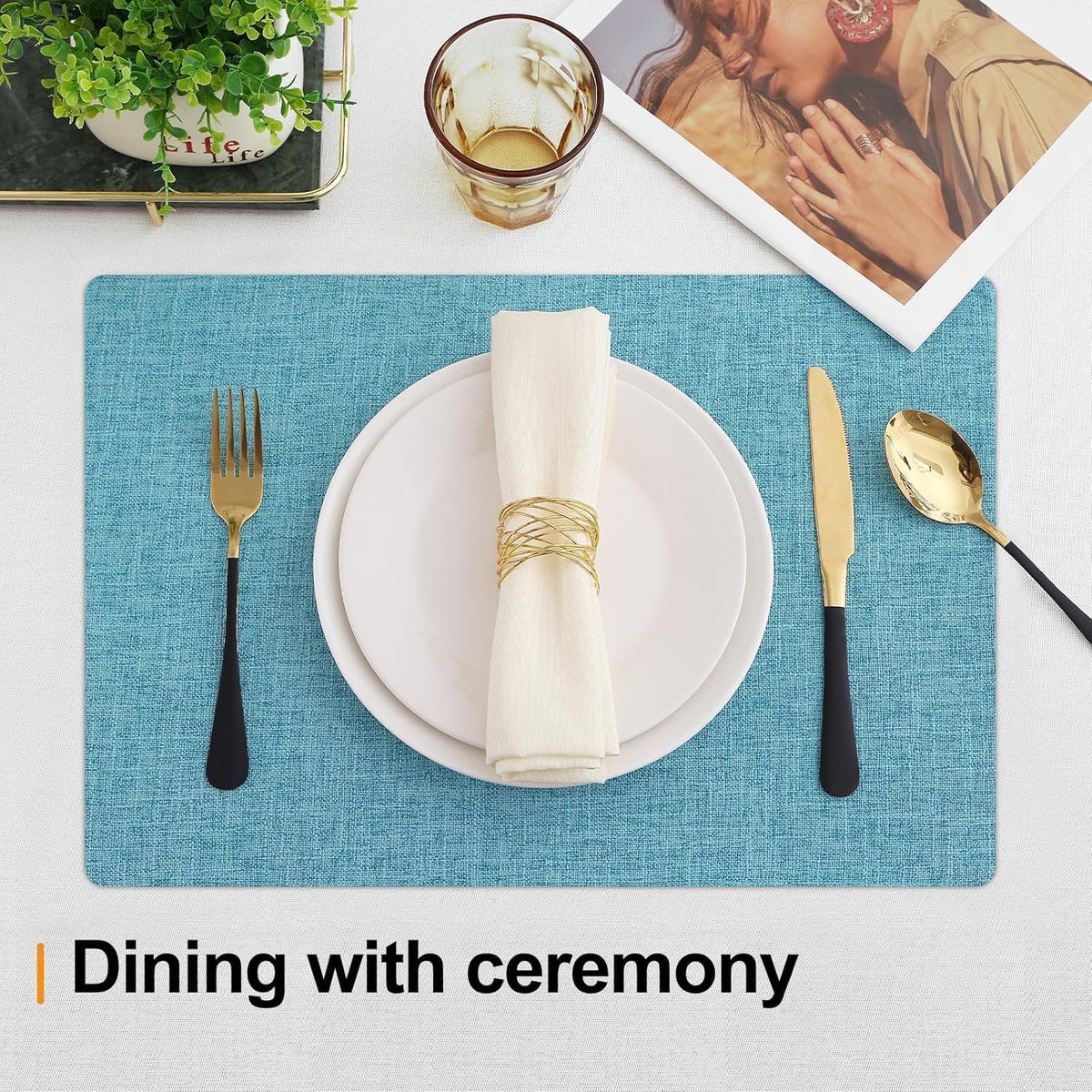 Homaxy Cloths Placemats for Dining Table Set of 8, 13" x 19", Aqua | Heat Resistant, Washable, Cotton Linen Blend Table