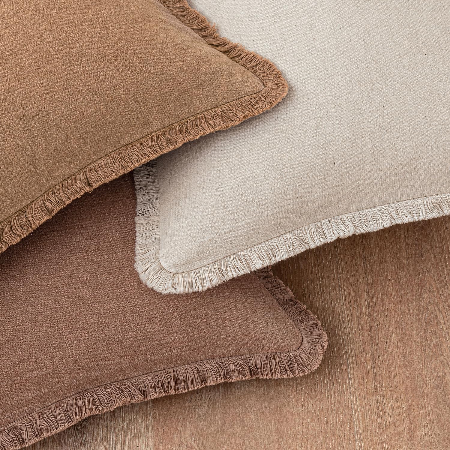 Decorative Linen Fringe Throw Pillow Covers Boho Farmhouse Soft Cushion / 20 x 20 / Brown / Set of 2