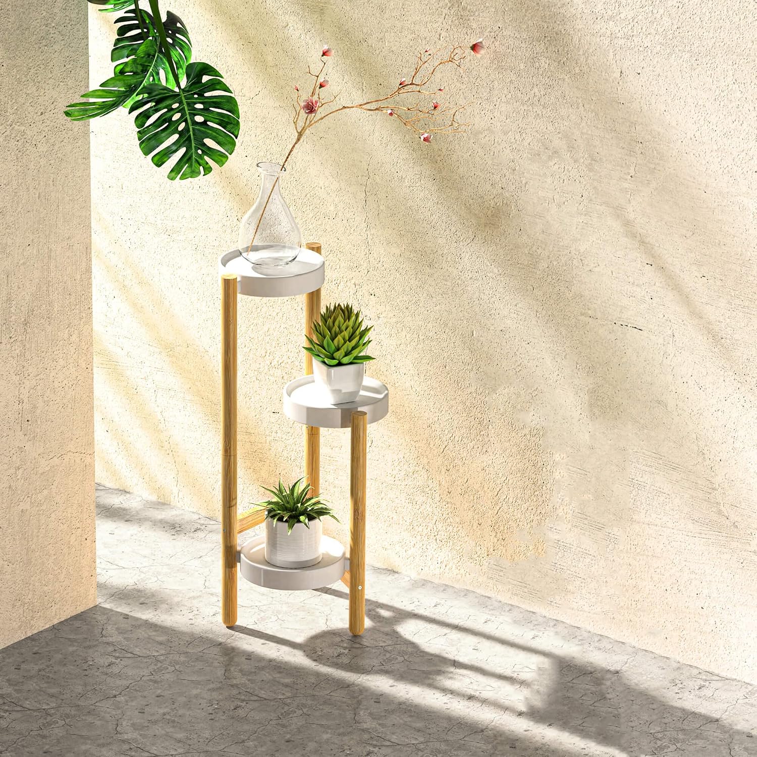 Wisuce Bamboo Plant Stand Indoor, 3 Tier Tall Corner Plant Shelf Table | Easy-Clean Steel Top | Smooth Bamboo | Narrow