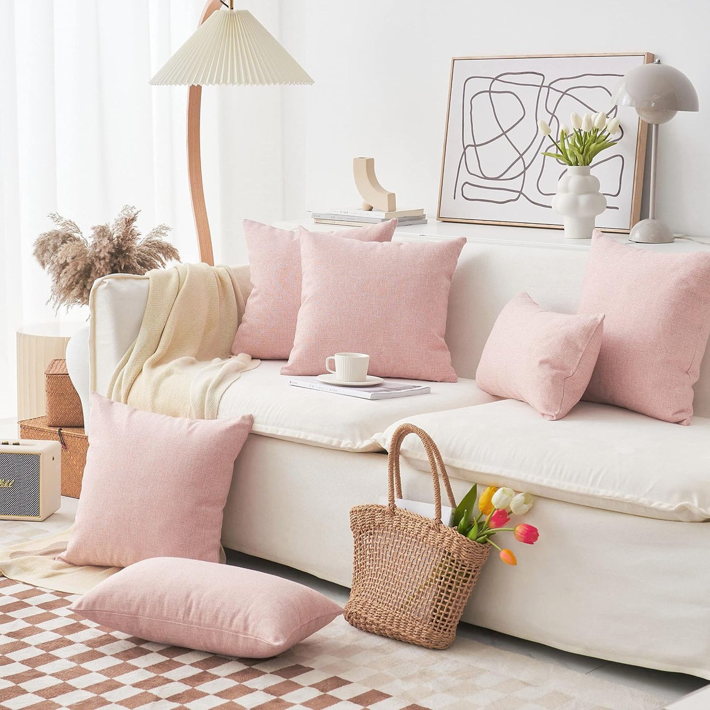 Pillow Covers Decorative Linen Cushion Covers Square Throw Pillows / 18 x 18 / Baby Pink / Set of 4