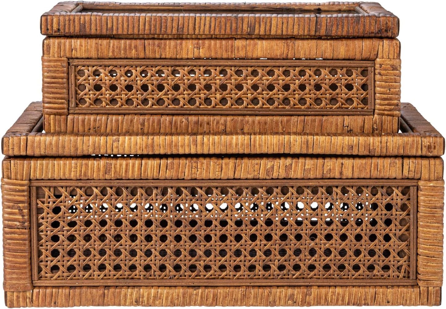 Modern Decorative Rectangle Woven Rattan and Wood Display / Dark Brown / Rectangular / Set of 2