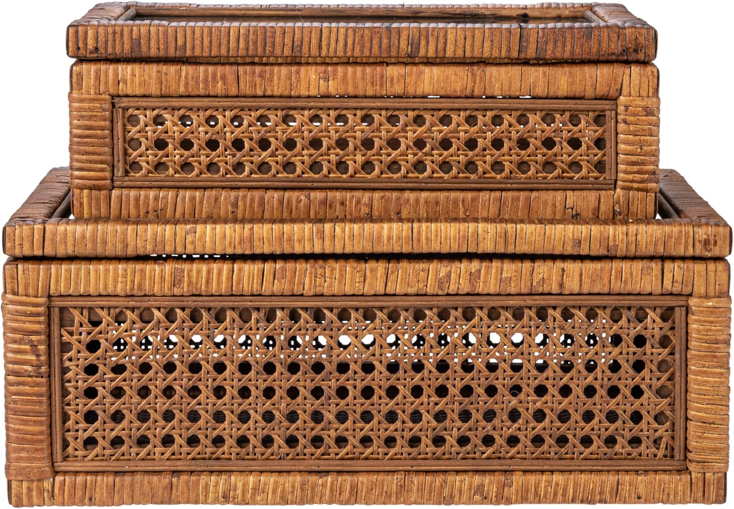 Modern Decorative Rectangle Woven Rattan and Wood Display / Dark Brown / Rectangular / Set of 2