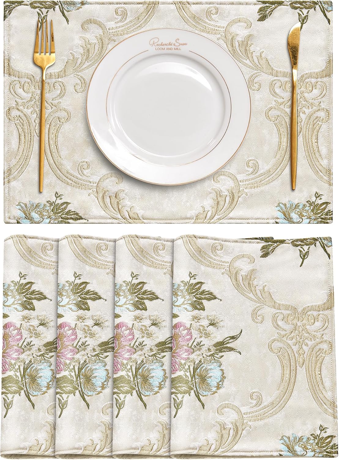 Loom and Mill Jacquard Floral Placemats Set of 4, Pearly Beige, 12x18in | Luxury Elegant Non-Slip Table Place Mats for