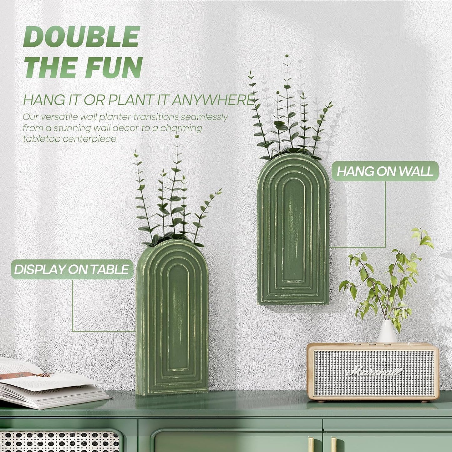 Pine Wood Wall Vases / Green / Set of 2