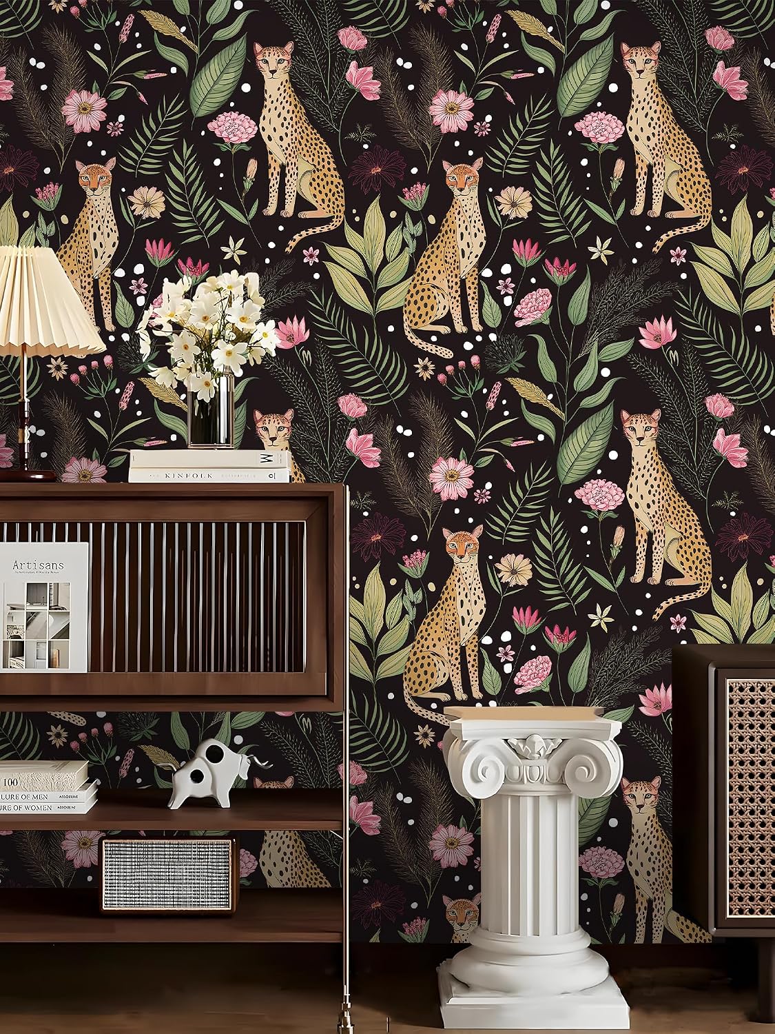 Peel and Stick Wallpaper Jungle Leopard Wallpaper Removable Floral Wallpapers / Black / 17.5 x 118