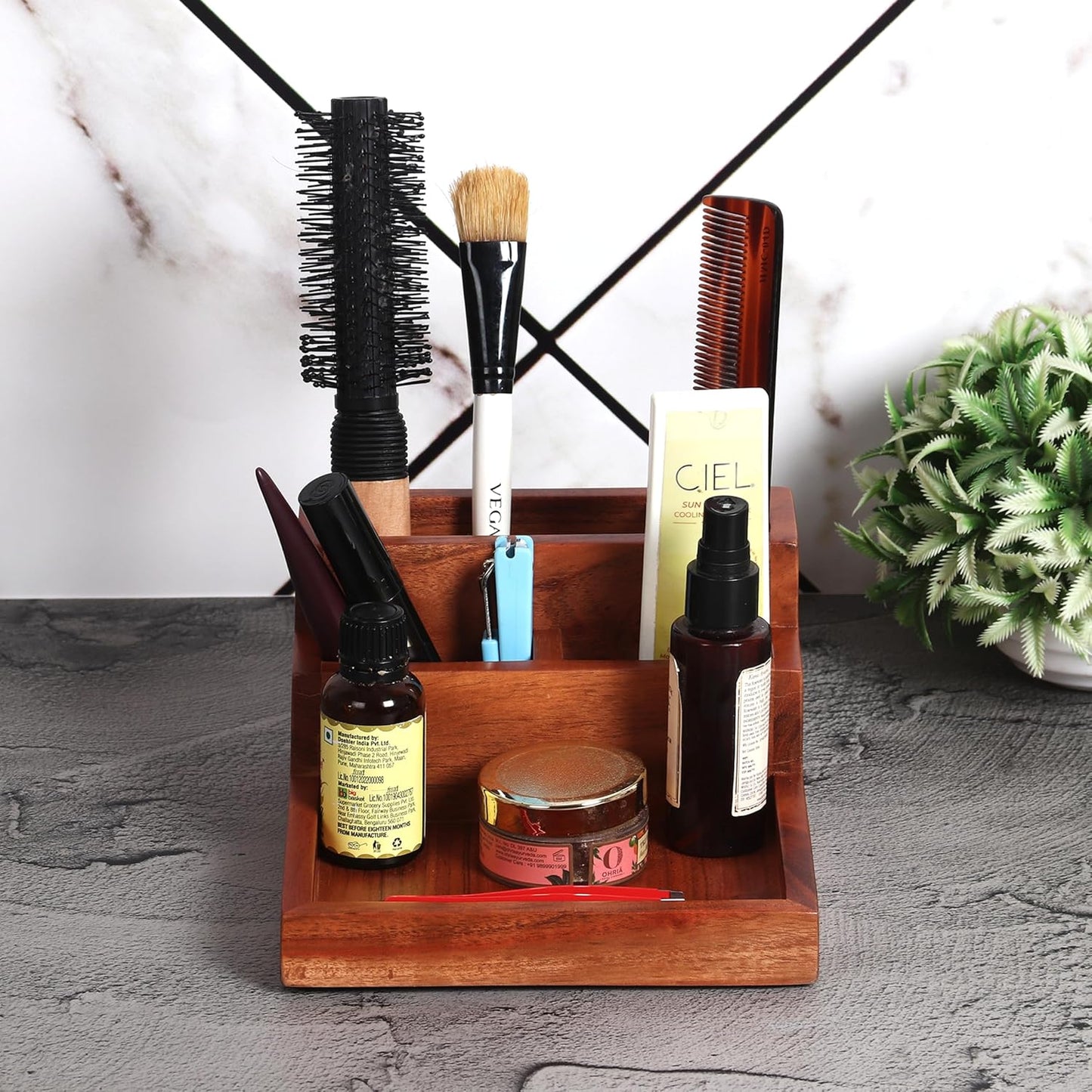 Acacia wood desk organizer and card holder | 5 compartments | Keep pens, remotes, phone, wallets, office desk