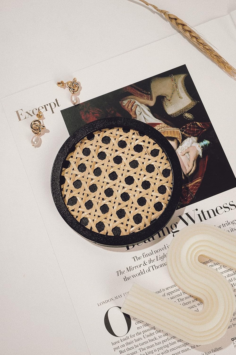 Unique Wooden Rattan Coasters / Round / Black / Set of 4