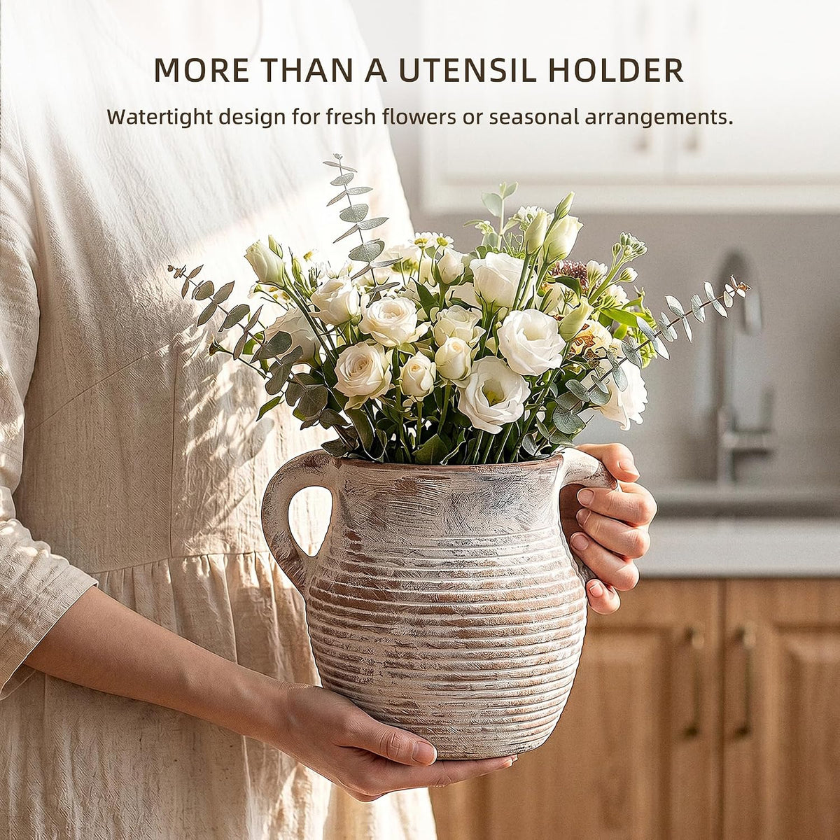Rustic Utensil Holder for Kitchen Counter - Large Ceramic Farmhouse Cooking Utensil Crock & Organizer for Spatula