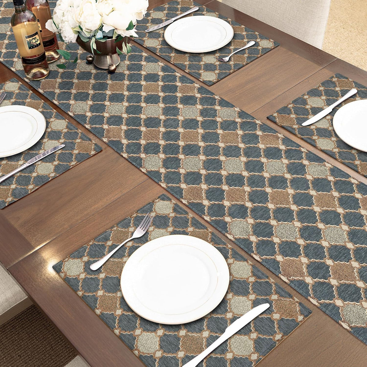 Loom and Mill Chenille Table Runner 108 inches Long, Blue-Grey+Khaki+Beige | Chic Checkered Pattern Jacquard Table