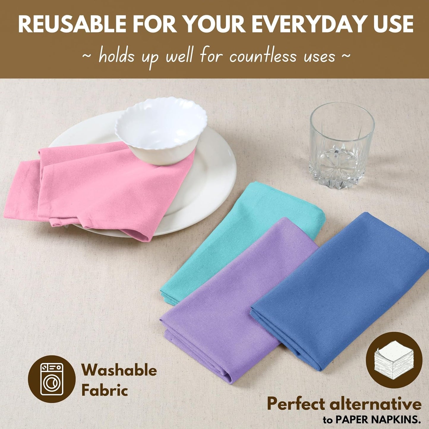 Native Fab Premium Multicolor Cloth Napkins 12 Pack, 100% Cotton, 17"x17", Soft, Reusable Table Linen, Ideal for Easter