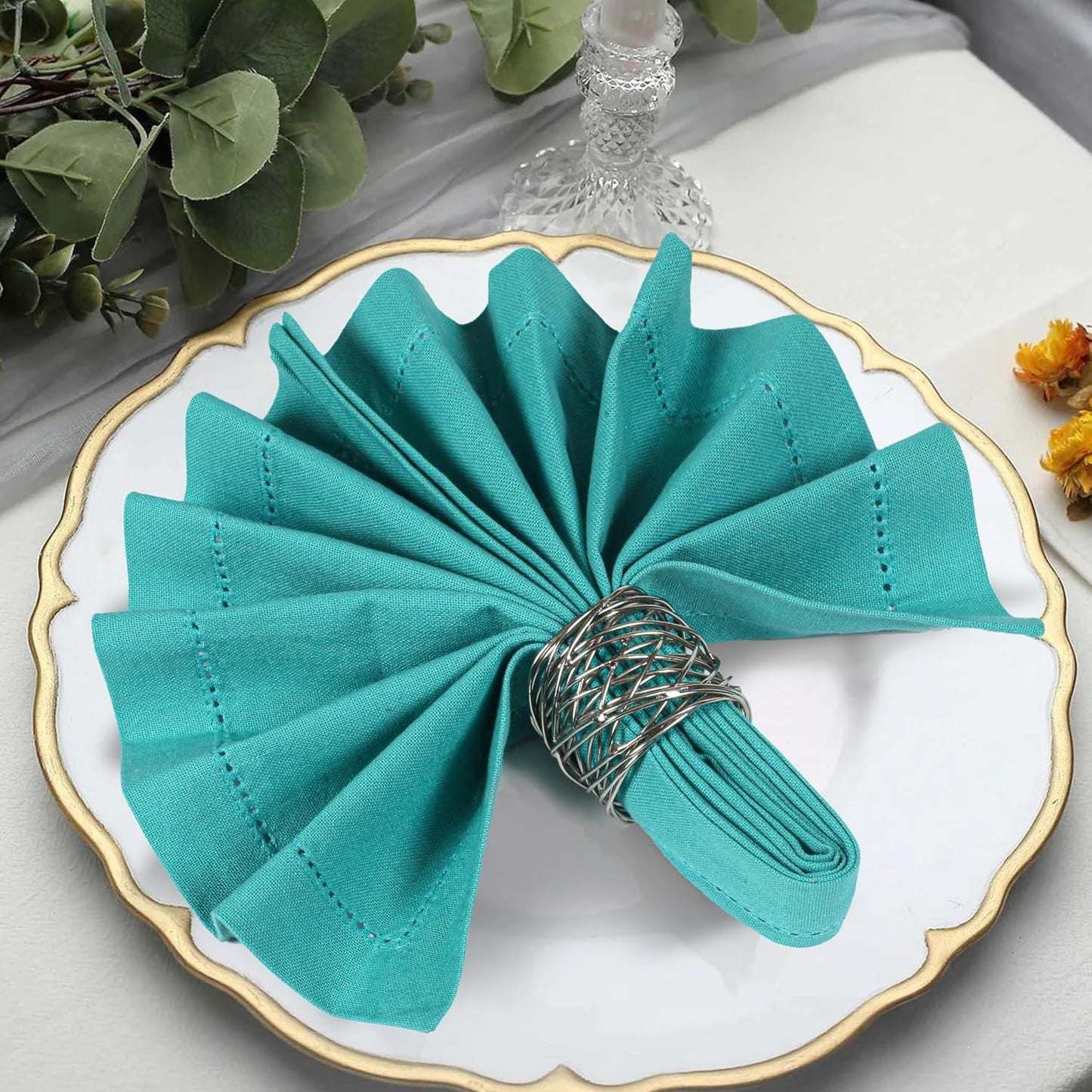 Bedding Craft Cotton Cloth Dinner Napkins Set of 12 – 18x18 Latigo Bay Teal with Hemstitched Mitered Corners – Machine