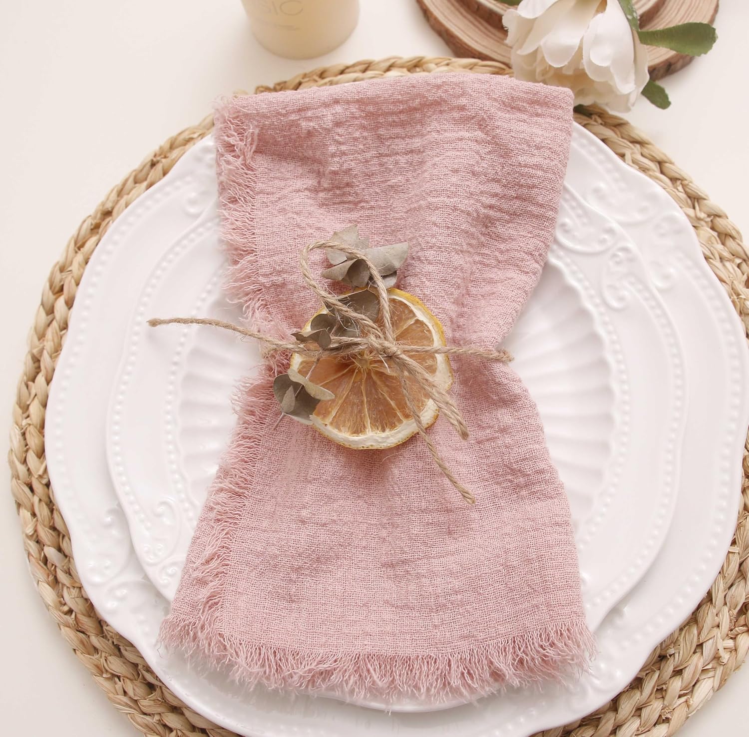 Cloth Napkins with Fringe Set of 12, Soft Cotton, 16 x 16 Inch, Dusty Pink | Boho Rustic Dinner Napkins, Reusable