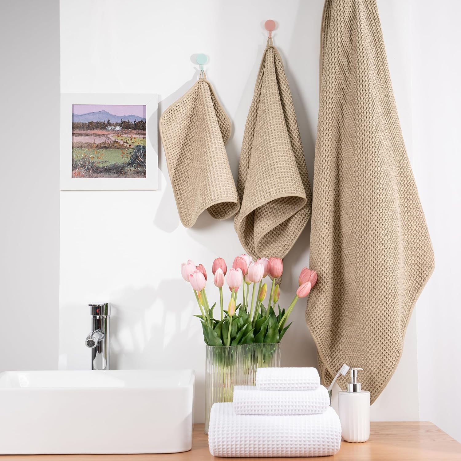 POLYTE 430 GSM Poly Blend Microfiber Quick Dry Waffle Bath Towel Set of 6 | 2-Body Towels, 2-Hand Towels, 2-Wash