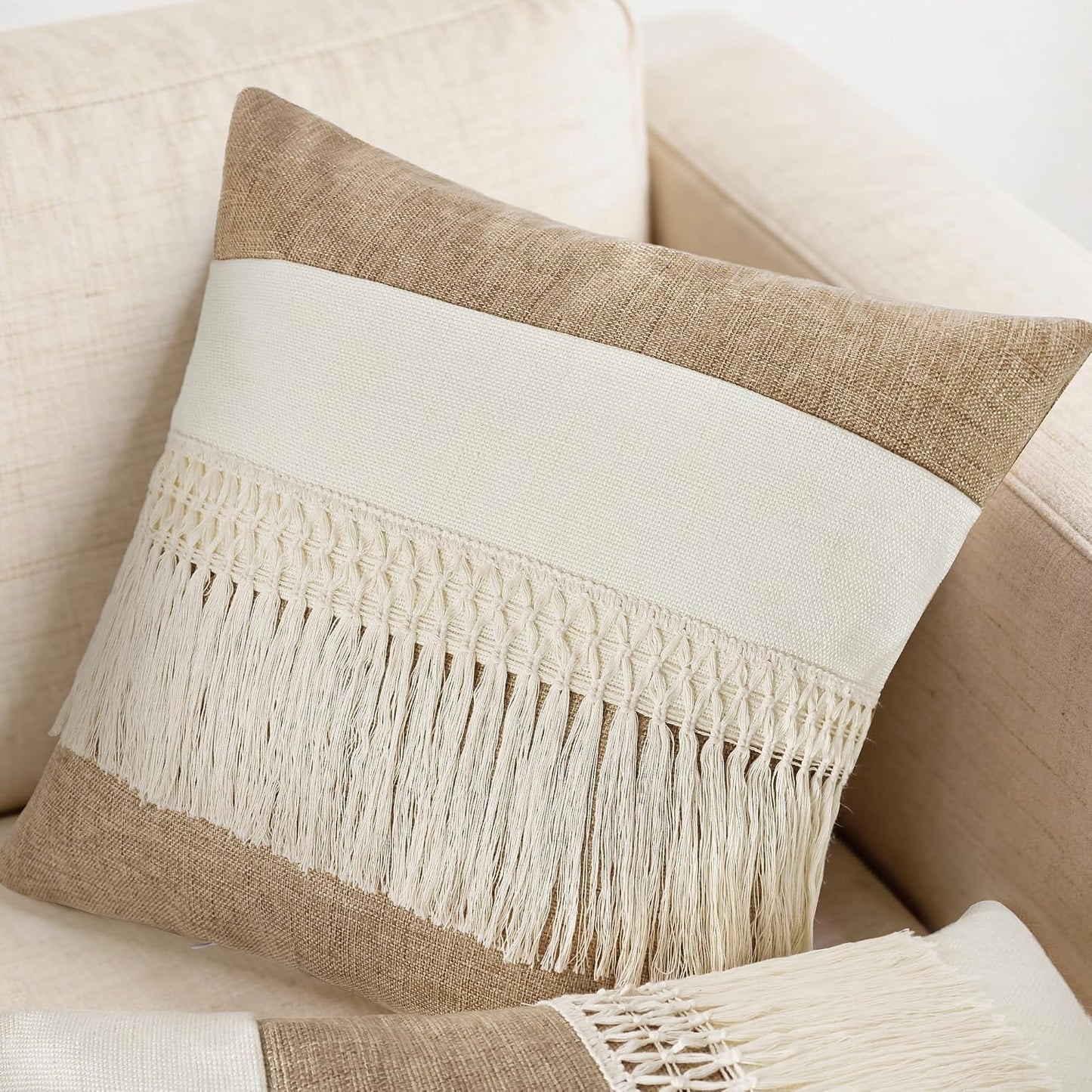 Boho Pillow Covers / Boho Long Fringe-khaki / 18 x 18 / Set of 2