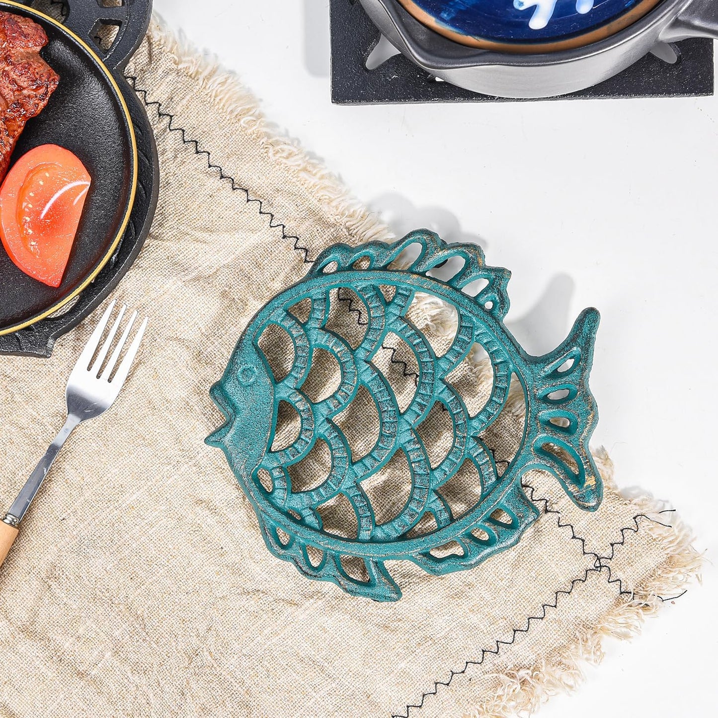 Sungmor Cast Iron Cute Fish Trivet for Wood Stove - Dia-7.5 Inch Dark Green Finish - Rustproof Round Stands for Hot