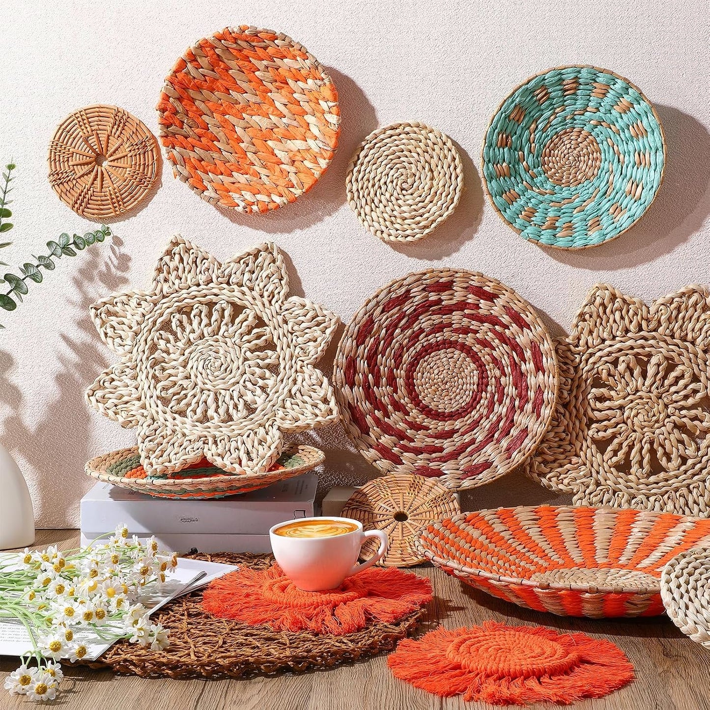 Boho Wall Basket Decor Woven Rattan Seagrass Wall Decor Hanging Rustic / Orange Style / Set of 15