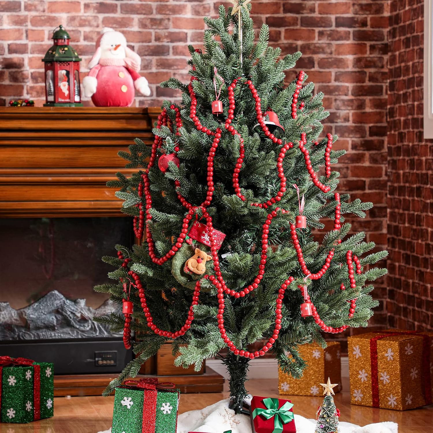 Giegxin 2 Pcs Wood Red Christmas Bead Garland 66 Feet Rustic Farmhouse | Rustic Wooden Beaded Garland for Tree Tier