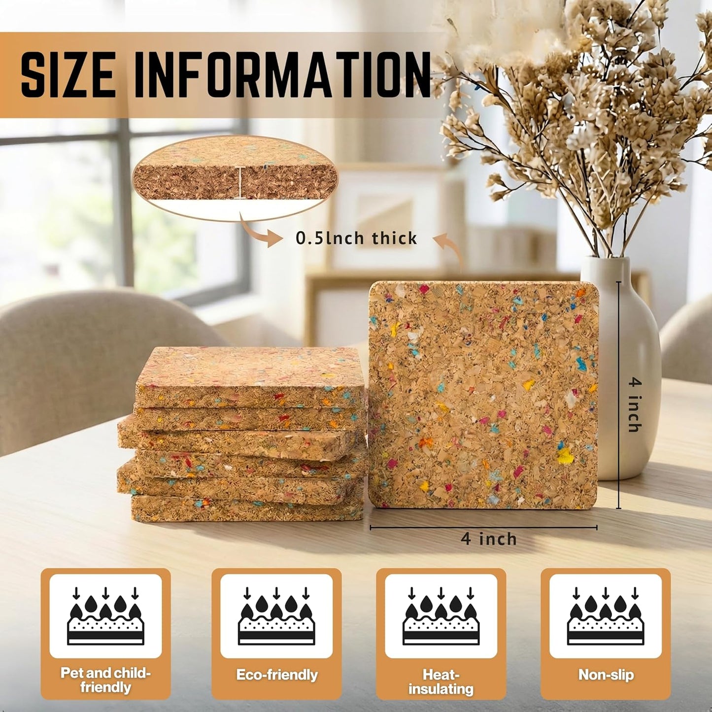 Bleeker & Rowe Recycled Cork Coasters / 4 x 4 / Set of 6