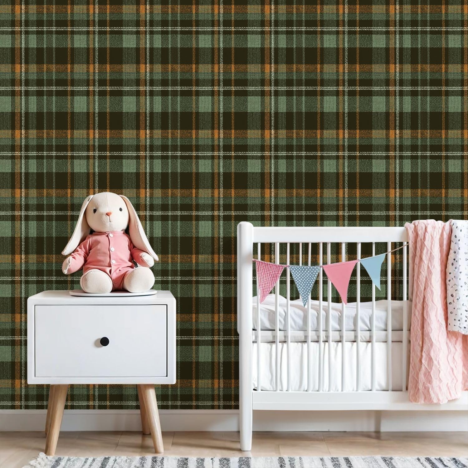 Peel and Stick Wallpaper Plaid green Herringbone textured seamless / Multi8 / 24 x 118 / Brown