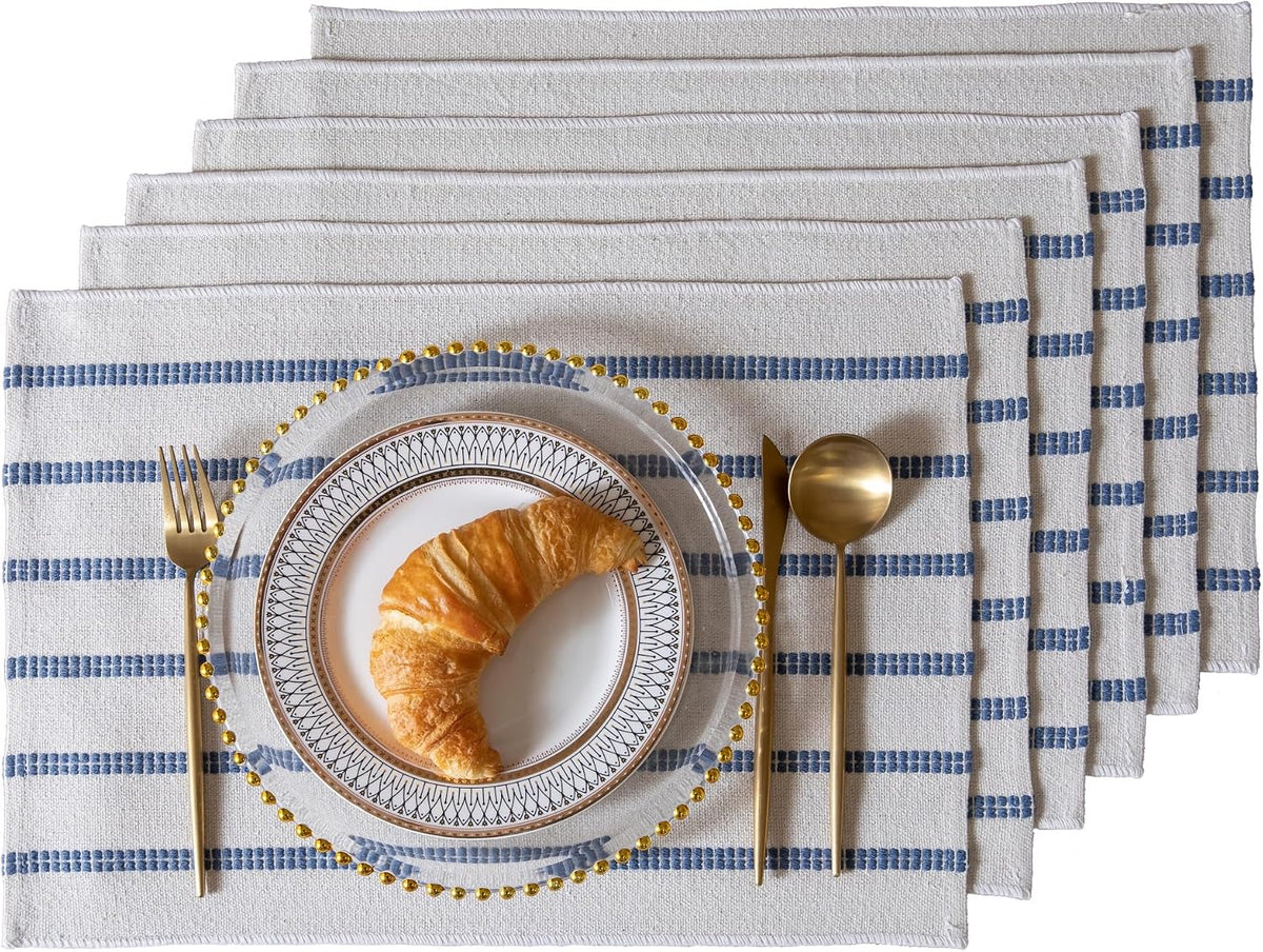 Caflife Boho Farmhouse Placemats Set of 6, Blue Stripes Cotton Linen Woven Table Mats for Modern Dining Table, 13x19